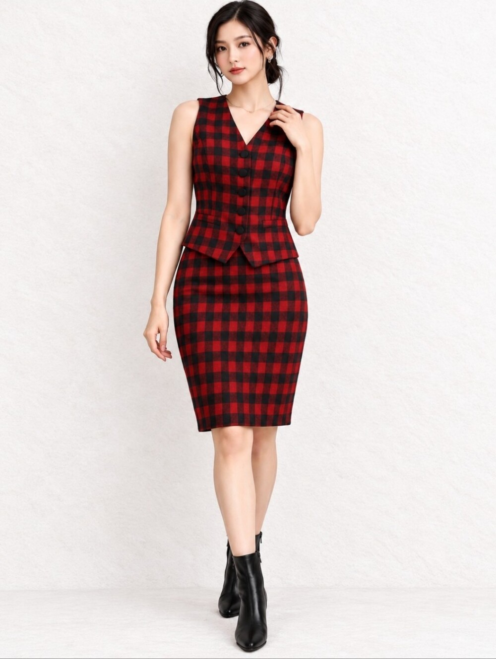 Vintage-Inspired Red & Black Plaid Vest & Pencil Skirt Set